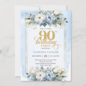 Invitation Refined light blue gold wreath 90th birthday   (Devant)