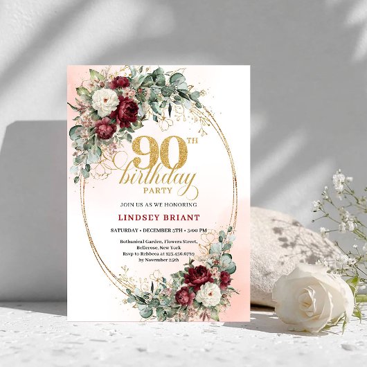 Invitation Refined Marsala Peonies Greenery 90th Birthday