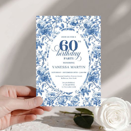 Invitation Refined Navy Roses Floral Toile 60th Birthday 