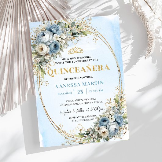 Invitation Refined Pastel Blue Gold Eucalyptus Quince Invites