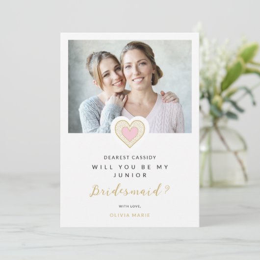 Invitation Refined Pink Lace Heart Photo Jr Bridesmaid (Debout devant)