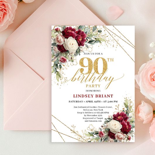 Invitation Refined Red and White Roses 90th Birthday Invite