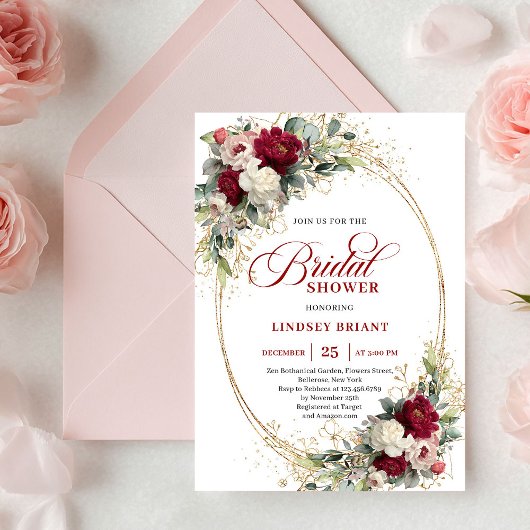 Invitation Refined Red and White Roses Gold Bridal Shower