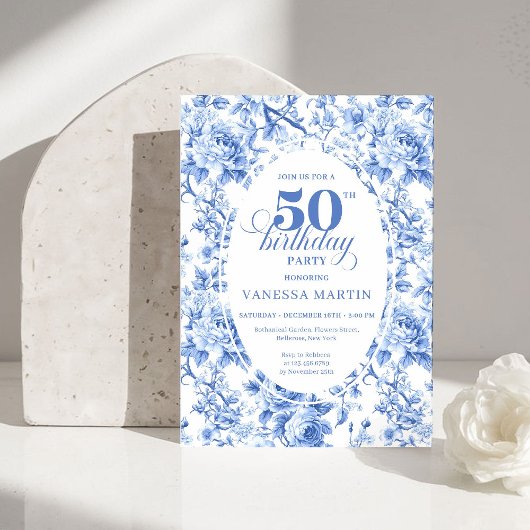 Invitation Refined Royal Blue Toile de Jouy Floral 50 Birthd