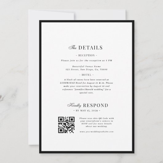 Invitation Refined Script Black White QR Code Details Wedding (Dos)