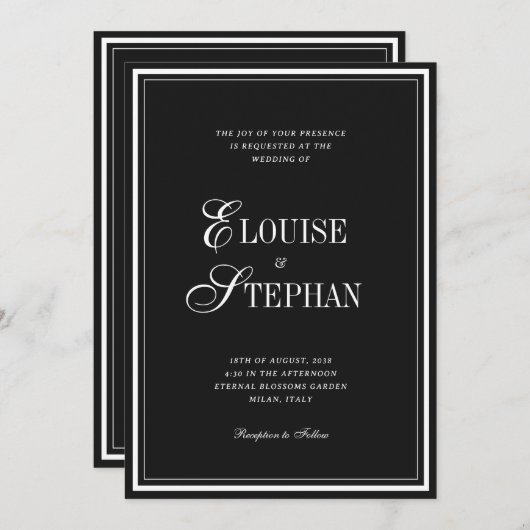 Invitation Refined Script Black White QR Code Details Wedding (Devant / Derrière)