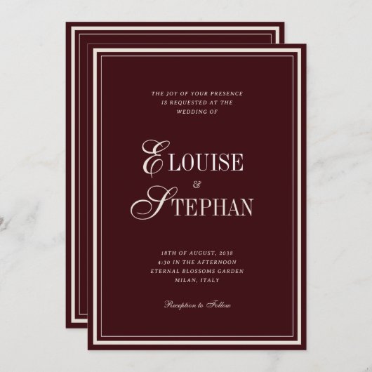 Invitation Refined Script Burgundy QR Code Details Wedding (Devant / Derrière)