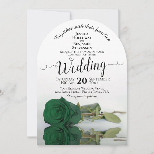 Invitation Reflet Emerald Green Rose Elegant Arch Mariage (Devant)