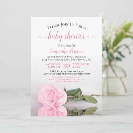 Invitation Reflet Rose rose Élégant bébé fille douche (Debout devant)