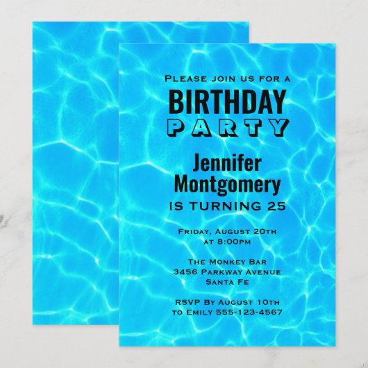 Invitation Réflexions sur l'eau de la piscine bleu chatoyante (Devant / Derrière)