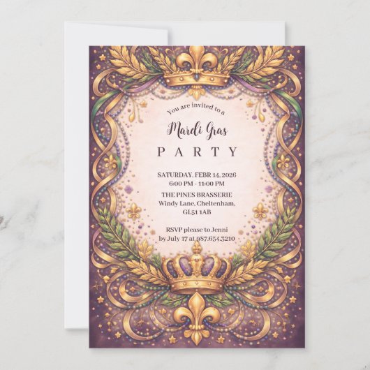Invitation Regal Crown Fleur-de-Lis Mardi Gras (Devant)
