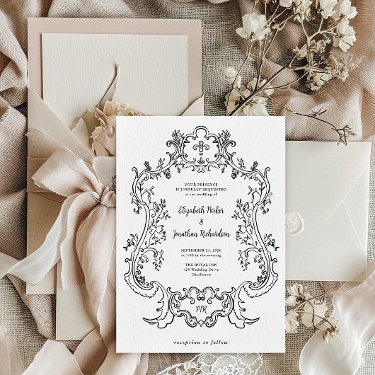 Invitation Regal noir et blanc | Baroque Frame Mariage