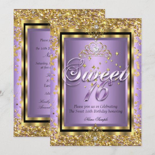 Invitation Regal Princess Sweet 16 Gold Lavender Purple Party (Devant / Derrière)