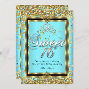 Invitation Regal Princess Sweet 16 Gold Turquoise Blue Party