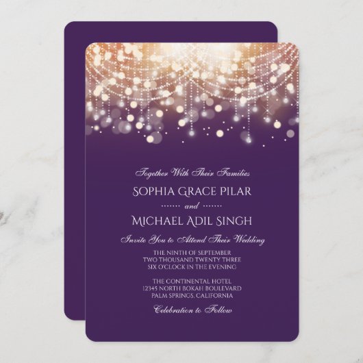 Invitation Regal Purple et Gold Bokeh lumières (Devant / Derrière)