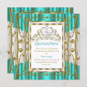 Invitation Regal Quinceanera 15ème Turquoise Jade Gold White