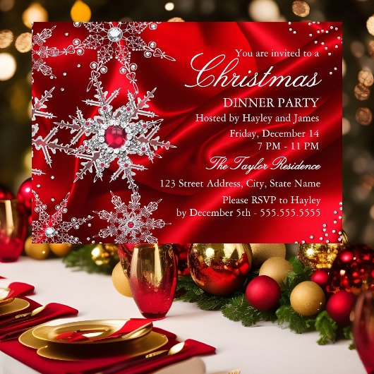 Invitation Regal Red Pearl Snowflake Christmas Dinner Party