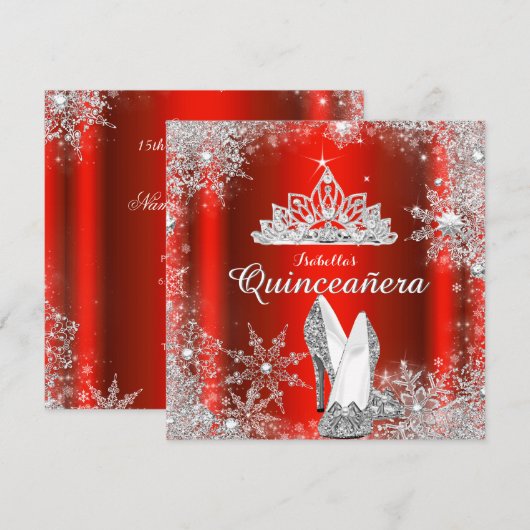 Invitation Regal Red Quinceanera Silver Tiara 15e anniversair (Devant / Derrière)