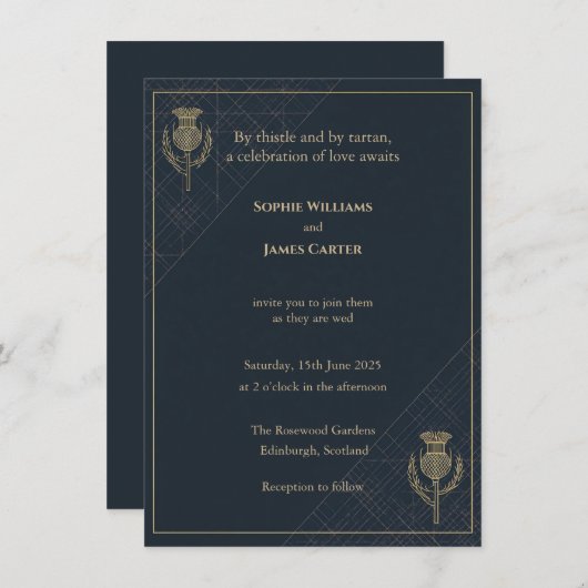 Invitation Regal Thistle & Tartan Mariage écossais (Devant / Derrière)
