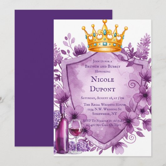 Invitation Regal Violet Floral Crest Bachelorette Party (Devant / Derrière)