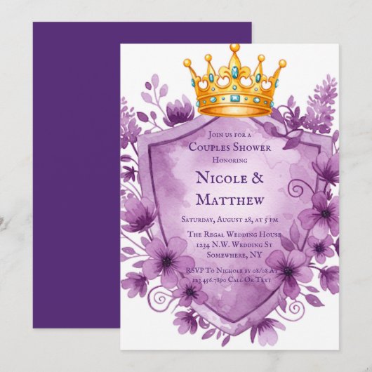 Invitation Regal violet Mariage de crête florale (Devant / Derrière)