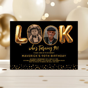 Invitation Regardez qui a 90 ans Photo Noir Or Quatre-Vingt-D