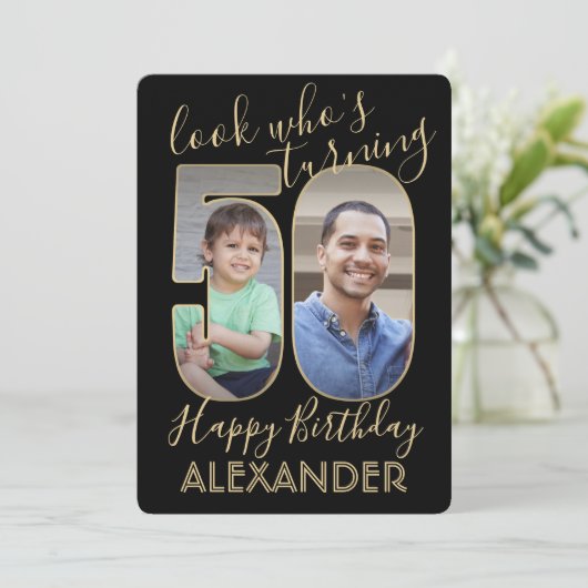 Invitation Regardez qui est 50 Black & Gold Anniversaire Part (Debout devant)