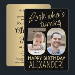 Invitation Regardez qui est 50 Black & Gold Anniversaire Part<br><div class="desc">Regardez qui a 50 ans ! Famille Invitation et amis à une élégante célébration du 50e anniversaire pour lui ou elle avec 2 invitations personnalisées de fête photo. Les images et le libellé de ce modèle sont simples à personnaliser. (CONSEIL EN MATIÈRE DE PLACEMENT D'IMAGE : Une façon simple de...</div>