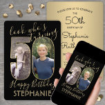 Invitation Regardez qui est 50 Black & Gold Anniversaire Part<br><div class="desc">Regardez qui a 50 ans ! Famille Invitation et amis à une élégante célébration du cinquantième anniversaire pour lui ou elle avec personnalisation 2 invitations de fête photo. Les images et le libellé de ce modèle sont simples à personnaliser. (CONSEIL EN MATIÈRE DE PLACEMENT D'IMAGE : Une façon simple de...</div>