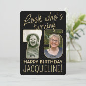 Invitation Regardez qui est 75 Black & Gold Anniversaire Part (Debout devant)