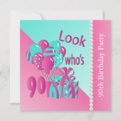 Invitation Regardez qui est 90 rose et turquoise 90e annivers (Devant)