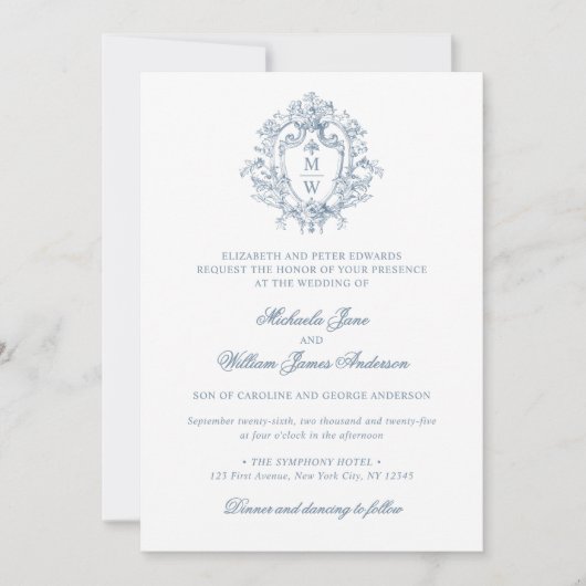 Invitation Régence vintage Monogramme Crest Mariage non photo (Devant)