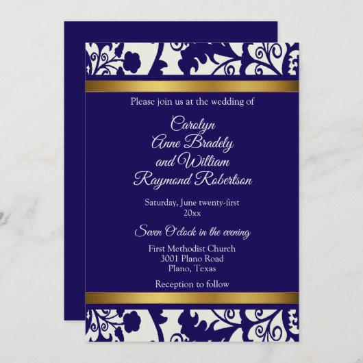 Invitation Regency Blue Mariage damassé (Devant / Derrière)