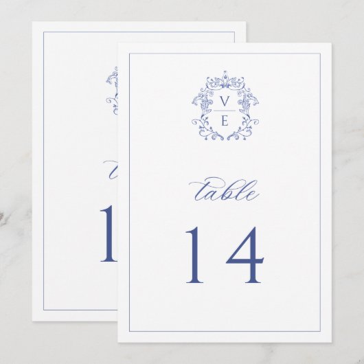 Invitation Regency Blue Monogram Crest Mariage Numéro de tabl (Devant / Derrière)