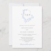 Invitation Regency Blue Monogram Leaf Crest Mariage Invitatia (Devant)