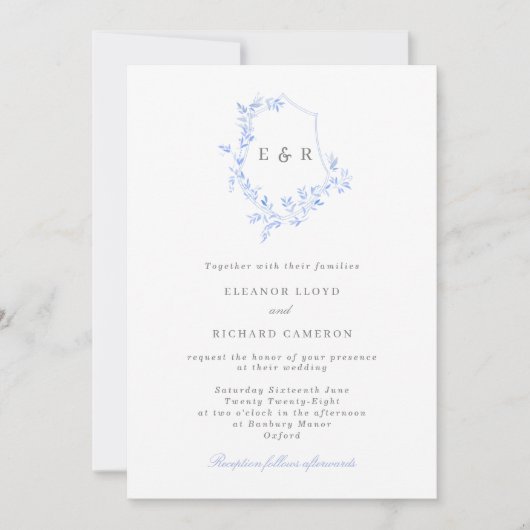 Invitation Regency Blue Monogram Leaf Crest Mariage Invitatia (Devant)