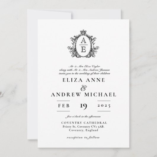Invitation Regency Crest Monogramme Mariage noir et blanc (Devant)