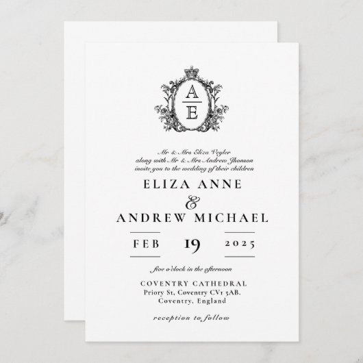 Invitation Regency Crest Monogramme Mariage noir et blanc (Devant / Derrière)