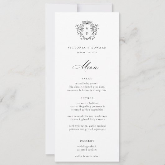 Invitation Regency Era Black Crest Monogram Menu Mariage (Devant)