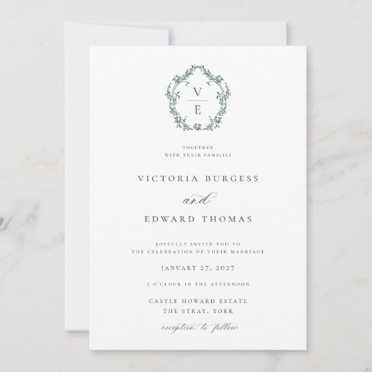 Invitation Regency Era Emerald Monogram Crest Mariage (Devant)
