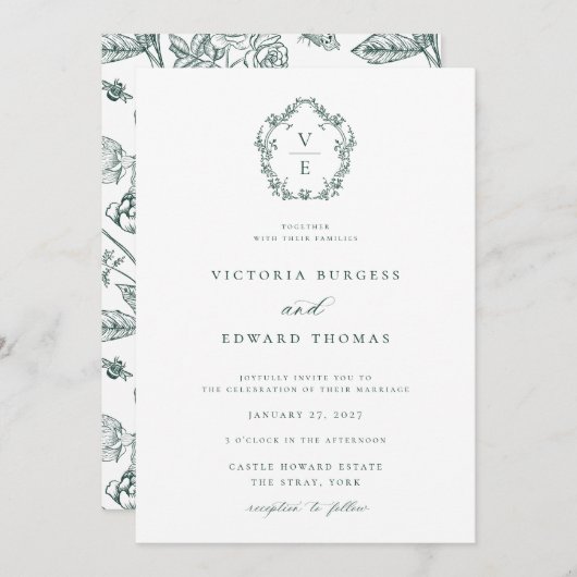 Invitation Regency Era Emerald Monogram Crest Mariage (Devant / Derrière)