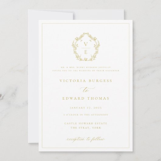 Invitation Regency Era Gold Crest Monogram Mariage (Devant)