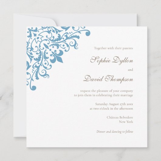 Invitation Regency French Blue Fleur de Lis Carré (Devant)