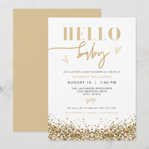 Invitation REGINA Hello Baby Jaune Sequins d'or Baby shower