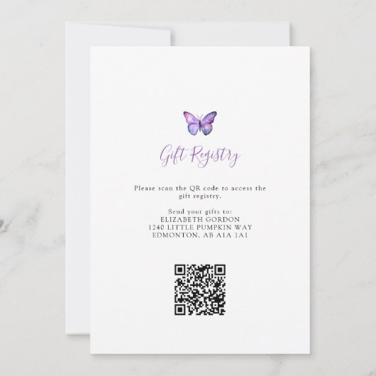 Invitation Registre des cadeaux de Baby shower papillon Code  (Dos)