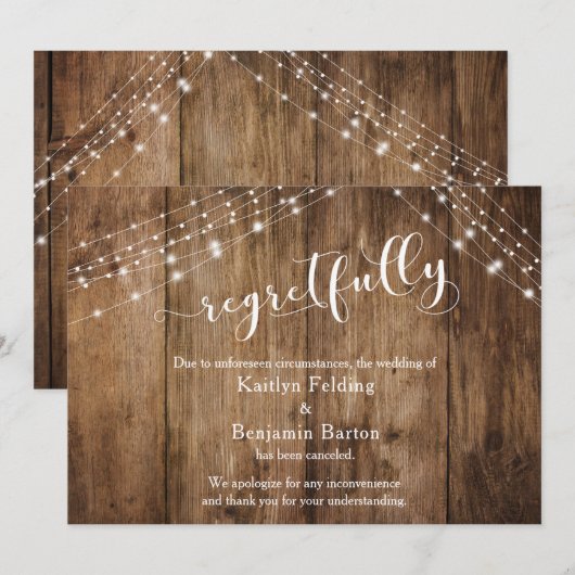 Invitation Regrettablement, Rustic Wood & Lights Annulé Card (Devant / Derrière)
