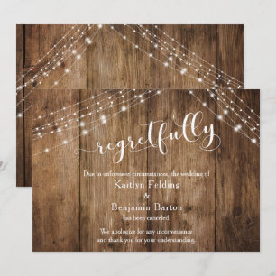 Invitation Regrettablement, Rustic Wood & Lights Annulé Card