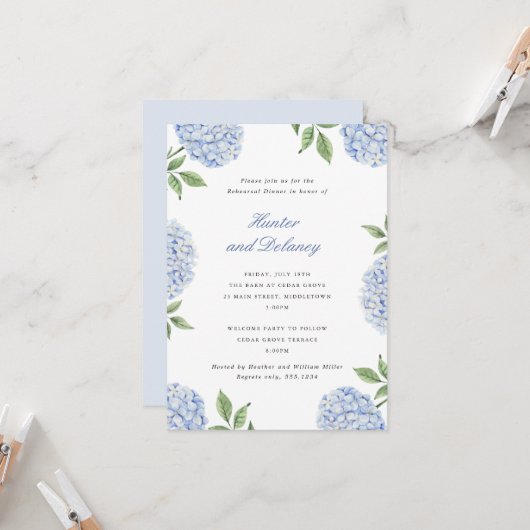Invitation Rehearsal Dinner Classic Blue Hydrangea Flower, SM (Devant/Arrière en situation)