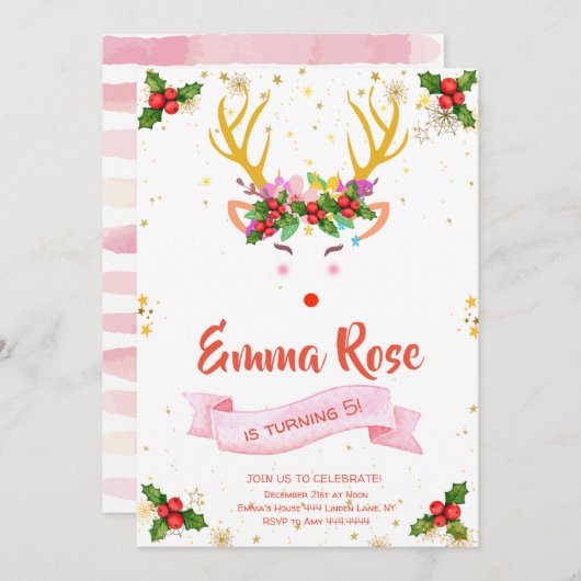 Invitation Reindeer Fille Noël Anniversaire (Devant / Derrière)