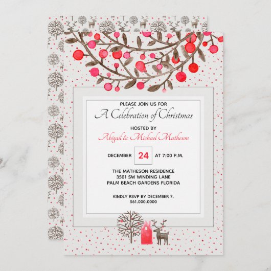 Invitation Reindeer mignonne & Berries Pearl Grey / Couleur p (Devant / Derrière)
